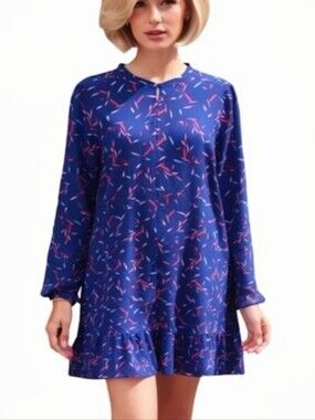 Banana Republic Blue Printed Long-Sleeve Ruffle-Hem Dress Size S Retro Casual